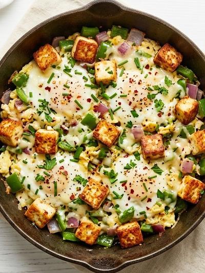 One-Skillet Crispy Paneer Denver Scramble with Pepper Jack