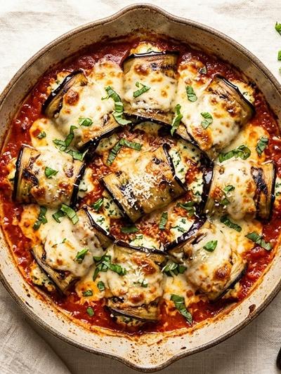One-Skillet Eggplant Ricotta Involtini with Melted Mozzarella