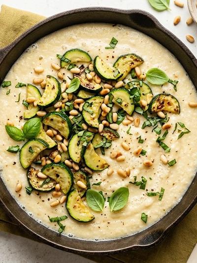 One-Skillet Italian Coconut Cream Polenta with Zucchini & Pine Nuts