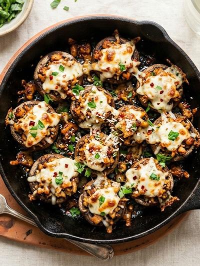 One-Skillet Italian Fennel Tempeh Crumble Stuffed Mushrooms with Mozzarella