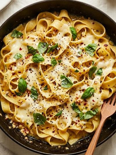 One-Skillet Italian Garlic Butter Egg Ribbons with Mozzarella & Basil