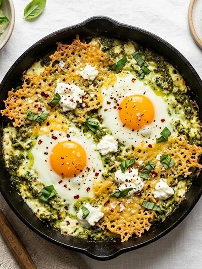 One-Skillet Italian Ricotta Pesto Eggs with Crispy Parmesan