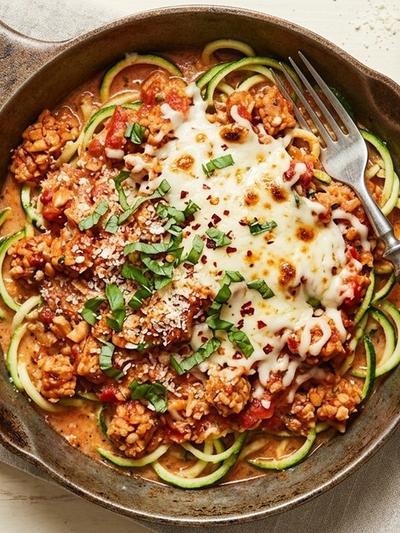 One-Skillet Italian Tempeh Ragù with Creamy Parmesan Zoodles
