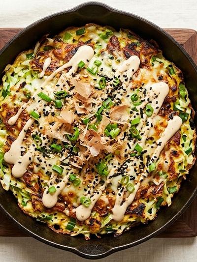 One-Skillet Japanese Okonomiyaki Omelette with Sesame-Mayo Drizzle