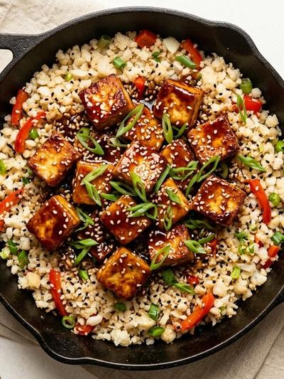One-Skillet Japanese Teriyaki Paneer with Sesame Cauliflower Rice