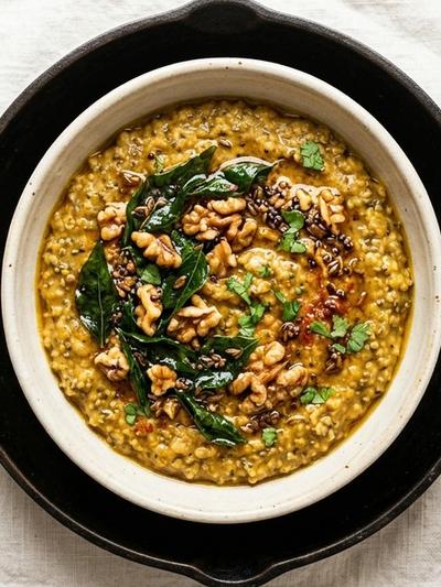 One-Skillet Masala Hemp & Chia Porridge with Walnut-Curry Leaf Tadka