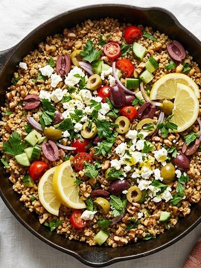 One-Skillet Mediterranean Walnut-Seed Couscous with Feta & Lemon
