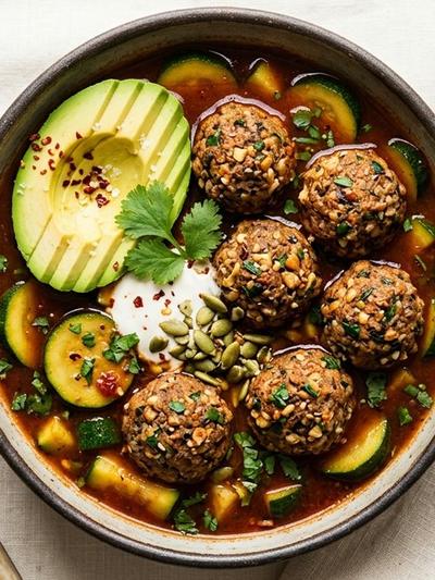 One-Skillet Mexican Walnut-Seed Albondigas in Smoky Chipotle Broth