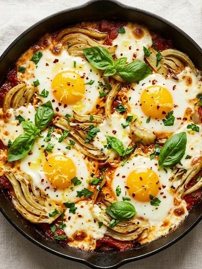 One-Skillet Mozzarella & Fennel Baked Eggs with Lemon-Parmesan Oil