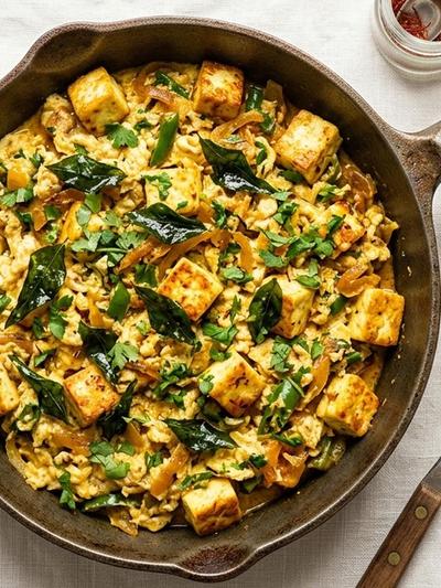 One-Skillet Paneer Akuri with Saffron Butter & Crispy Curry Leaves