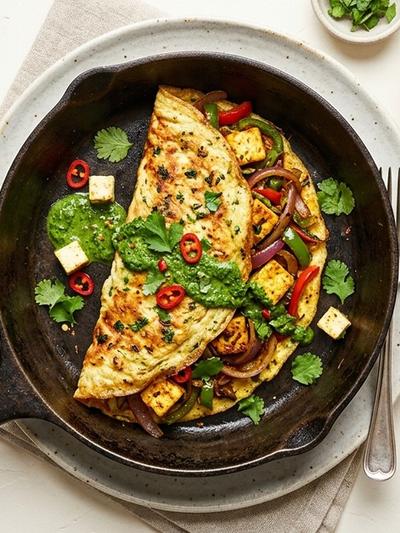 One-Skillet Paneer Kathi Roll Omelette with Mint-Cilantro Chutney