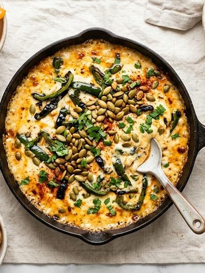 One-Skillet Smoky Cream Cheese Queso Fundido with Rajas & Pepitas