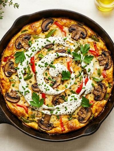 One-Skillet Smoky Mushroom & Pepper Jack Frittata with Chive Cream