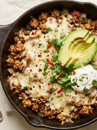 One-Skillet Tempeh Picadillo with Avocado & Melted Pepper Jack