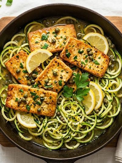 One-Skillet Tofu Piccata with Lemon-Caper Butter & Zucchini Noodles