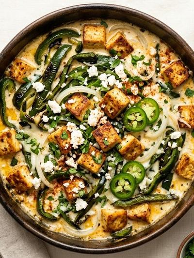 One-Skillet Tofu Rajas con Crema with Cotija & Lime