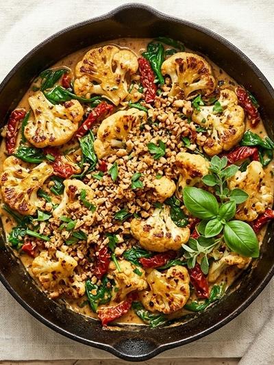 One-Skillet Tuscan Cauliflower with Crispy Walnut-Hemp Parmigiano
