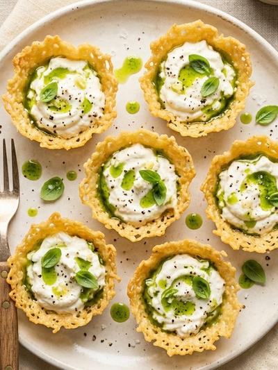 Skillet Crispy Parmesan Cups with Whipped Ricotta & Basil Oil