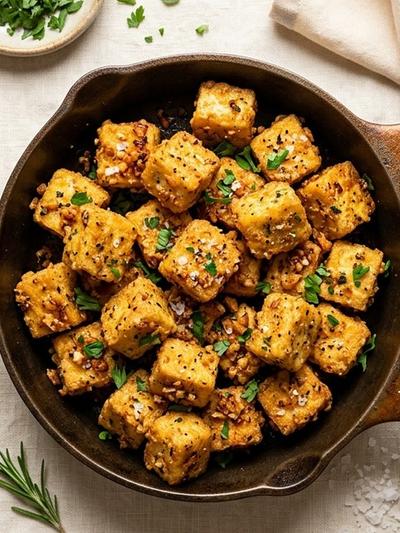 Skillet Crispy Tofu Nuggets with Smoky Honey Mustard Dip