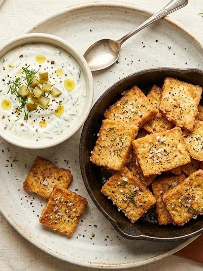 Skillet Salt & Vinegar Tofu Chips with Creamy Dill Pickle Dip