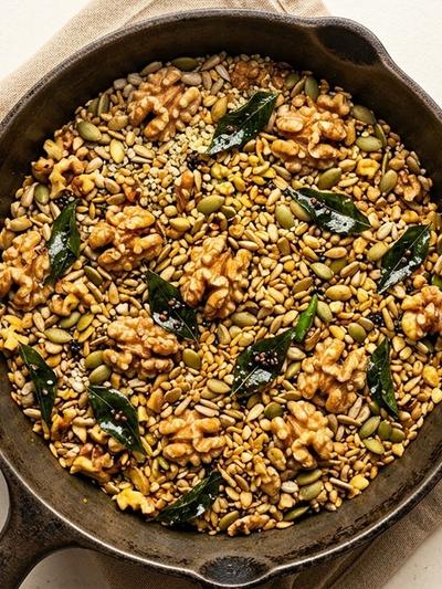 Skillet Tadka Walnut & Seed Chivda with Crispy Curry Leaves