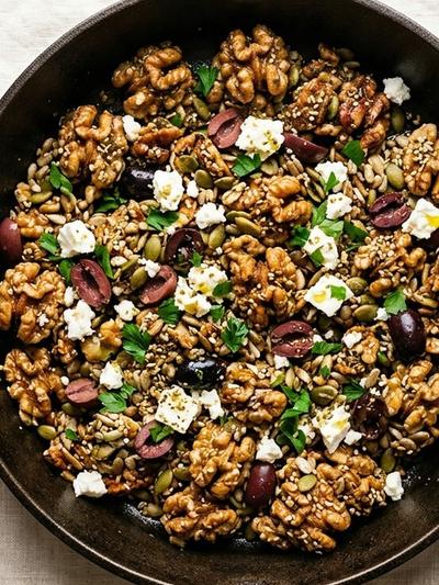 Skillet Za'atar Walnut-Seed Clusters with Feta & Olives