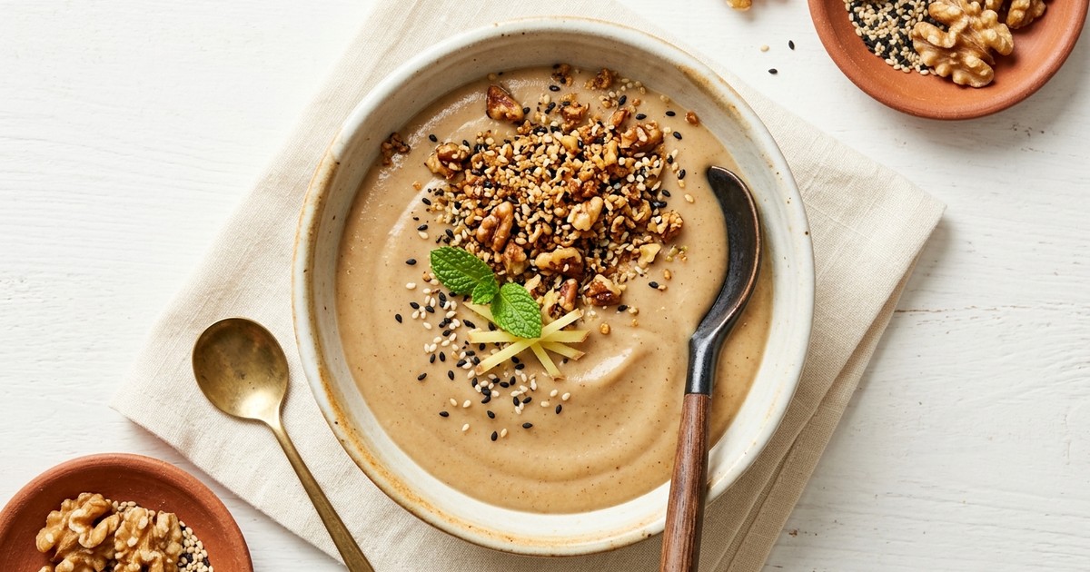 Warm Korean Ginger-Walnut Cream with Air-Fryer Sesame-Hemp Crumble